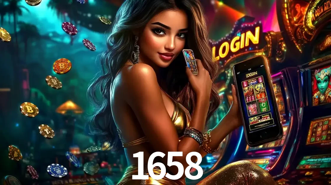 Mulher em um cenário de cassino temático de aventura, mostrando o app de caça-níqueis da 1658 no celular. Fichas de apostas flutuam ao redor.