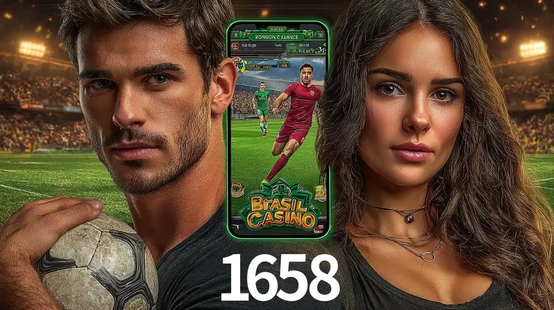 Homem segurando uma bola de futebol e uma mulher ao lado de um smartphone exibindo o jogo de apostas esportivas da 1658. Faça seu palpite no cassino online.