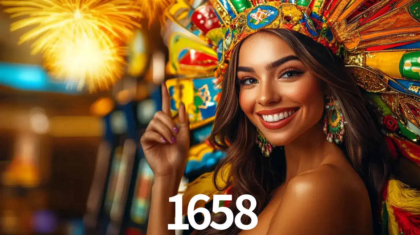 Mulher sorridente com um cocar de carnaval vibrante e colorido, celebrando uma grande vitória nos jogos do cassino 1658 com fogos de artifício ao fundo.