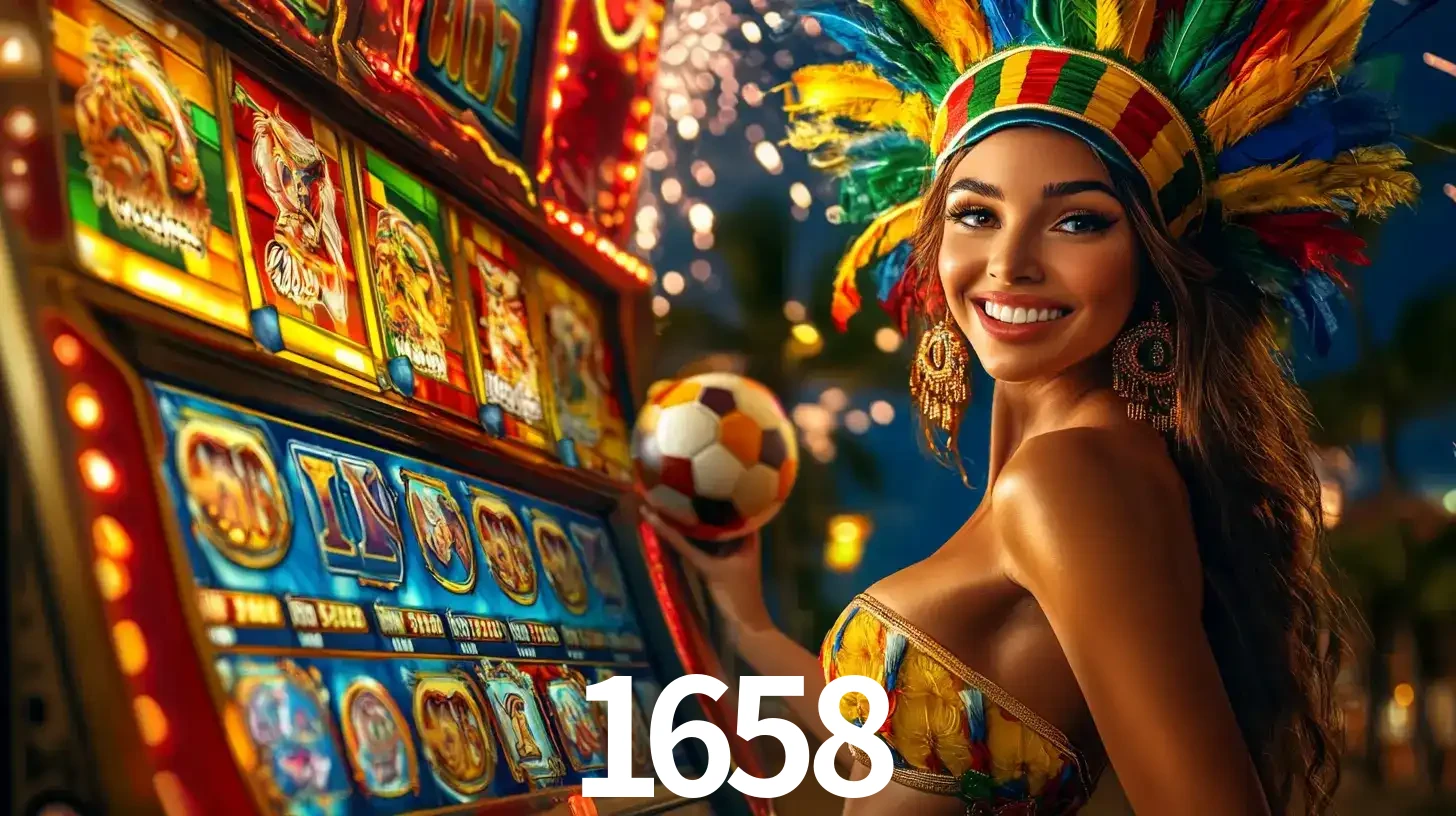 Mulher com um cocar de carnaval ao lado de uma máquina de caça-níqueis enquanto segura uma bola de futebol, mostrando a união da diversão de cassino e esportes no 1658.