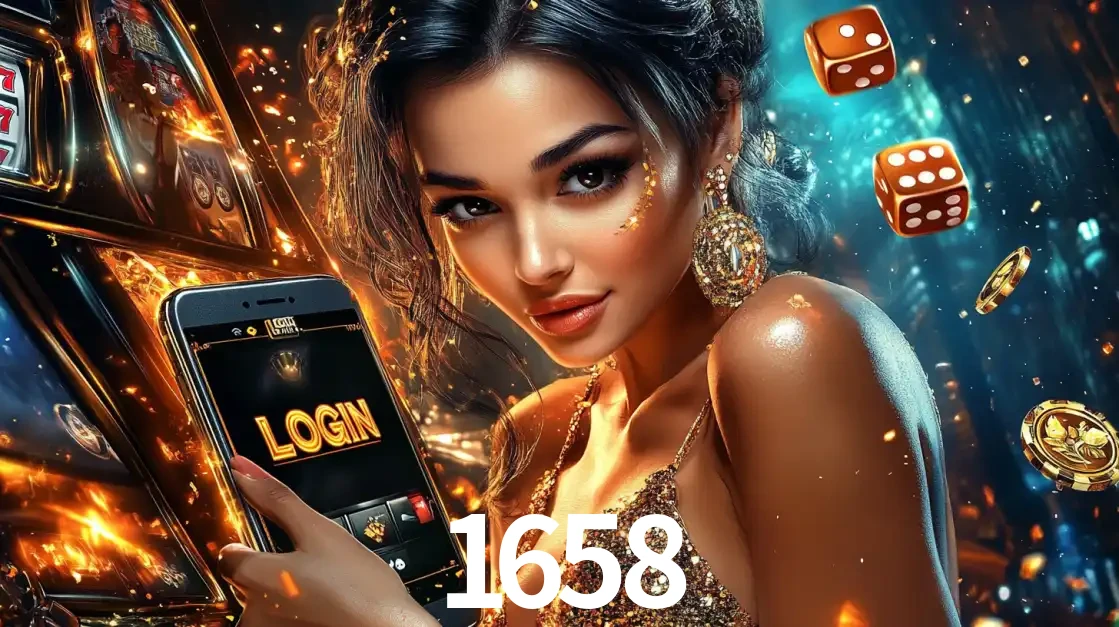 Mulher glamourosa segurando um celular com a tela de login do cassino 1658, rodeada por dados e moedas douradas, pronta para começar a diversão.
