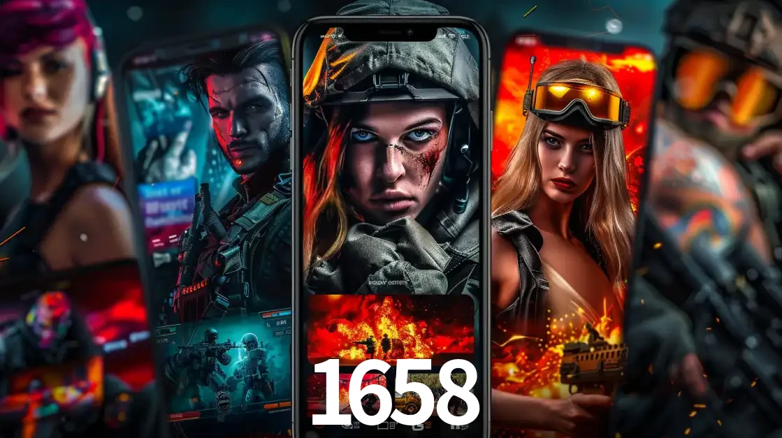 Montagem de telas de celular mostrando diversos personagens, masculinos e femininos, de um jogo de tiro, ilustrando a diversidade de equipes de e-sports para apostar no 1658.