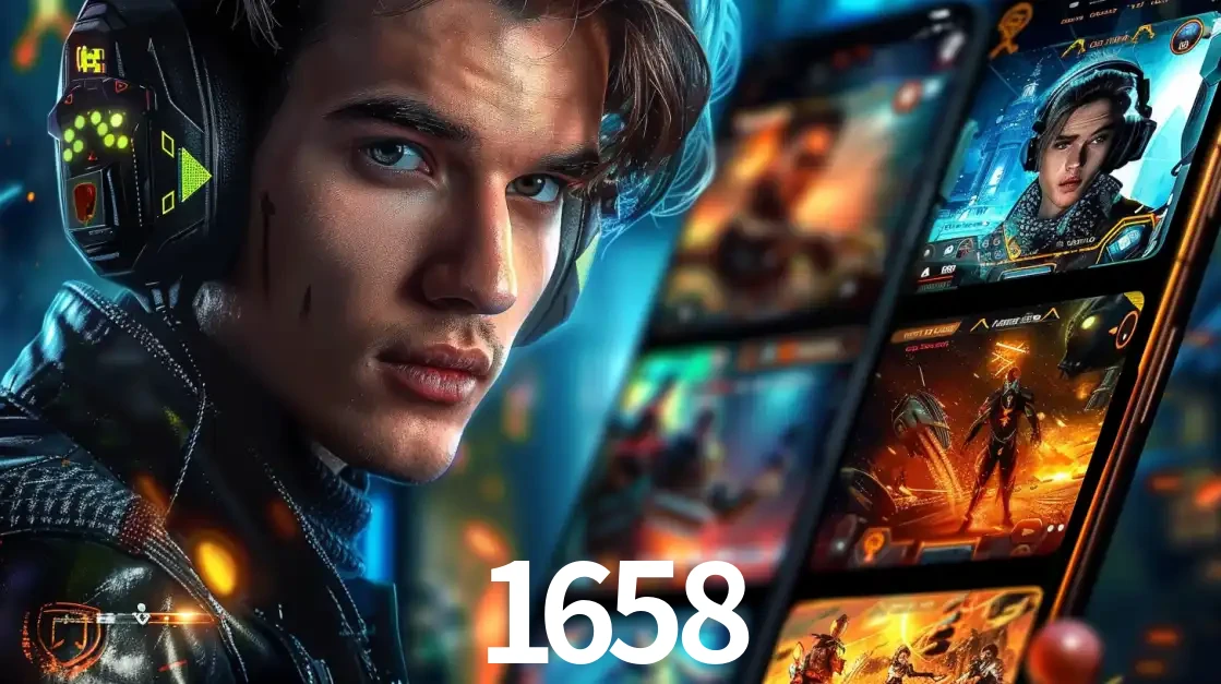 Jovem jogador com fones de ouvido olhando para a câmera, com um aplicativo de jogos e e-sports para celular ao fundo, pronto para a competição e apostas no 1658.
