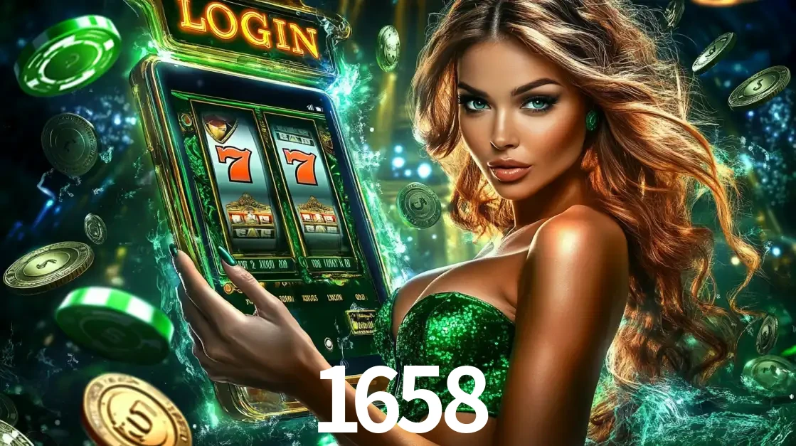 Mulher com tema verde apresentando o aplicativo do cassino 1658 com um jogo de slot de 777, cercada por fichas de cassino e uma aura de sorte.