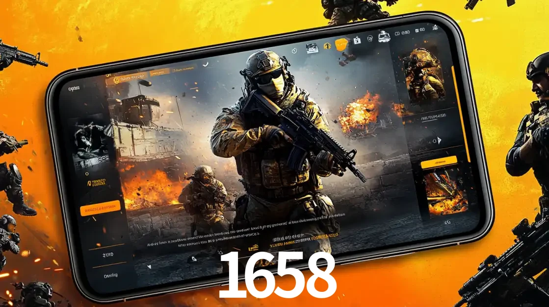 Um smartphone exibindo a interface de um jogo de tiro em primeira pessoa, com um soldado em um cenário de batalha, representando a ação dos e-sports para apostar no 1658.