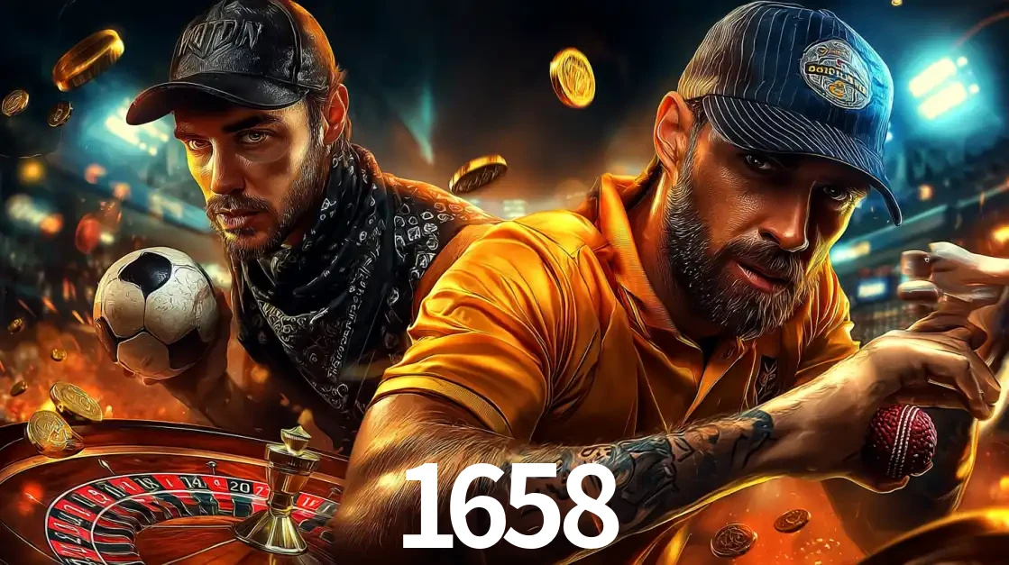 Montagem de apostas esportivas e cassino no 1658, com um homem segurando uma bola de futebol e outro uma de beisebol sobre uma roleta e moedas voadoras.