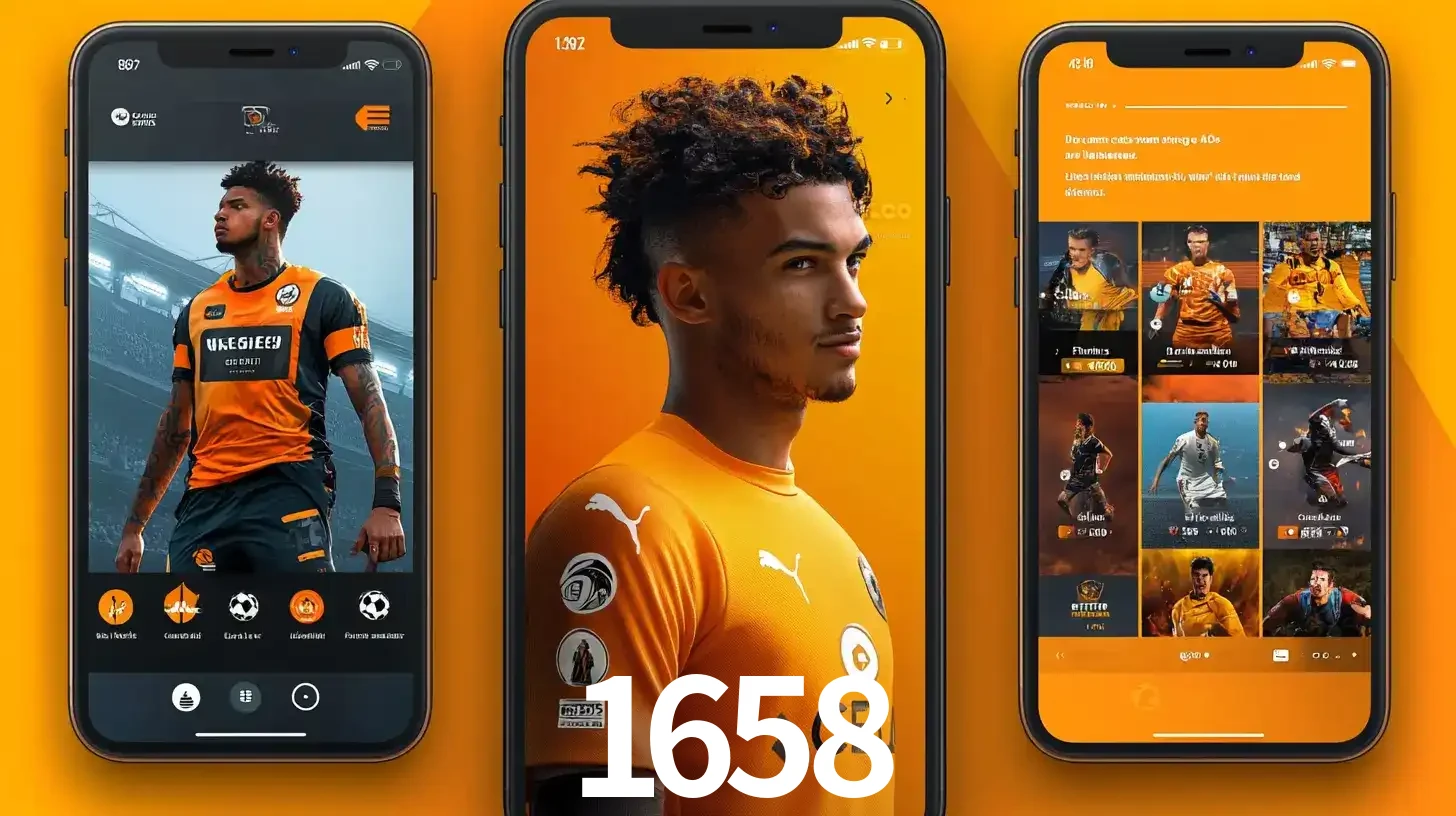 Interface do aplicativo de apostas esportivas 1658 em três telas de celular, mostrando o perfil de um jogador de futebol e a lista de jogos disponíveis para apostar.