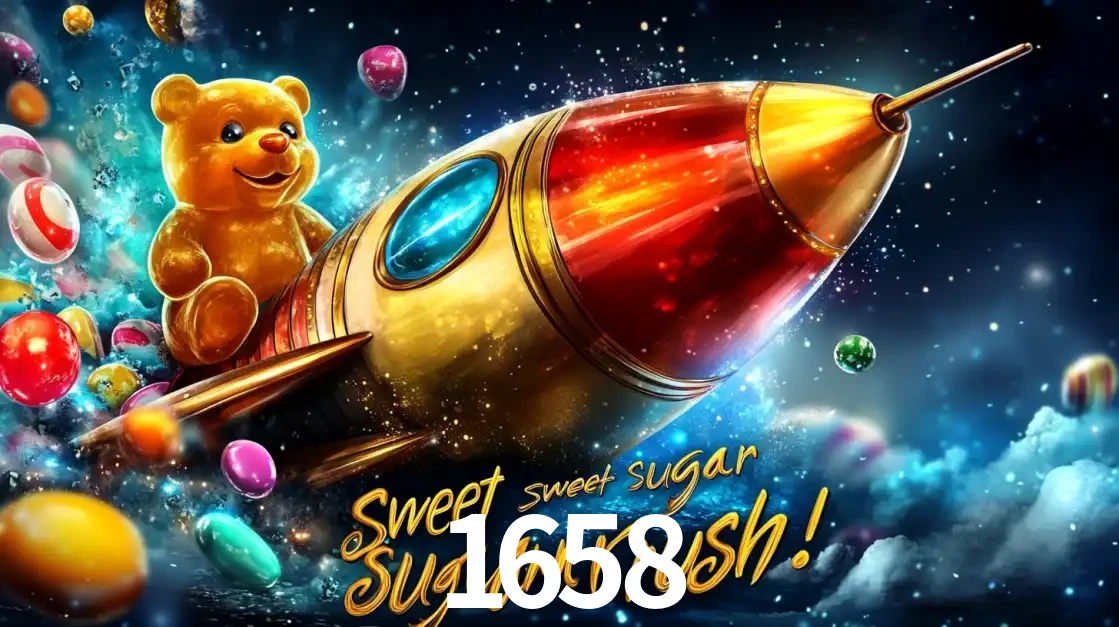 Arte promocional do jogo de slot Sugar Rush, com um urso de pelúcia em um foguete viajando pelo espaço de doces, um dos jogos divertidos disponíveis no cassino 1658.