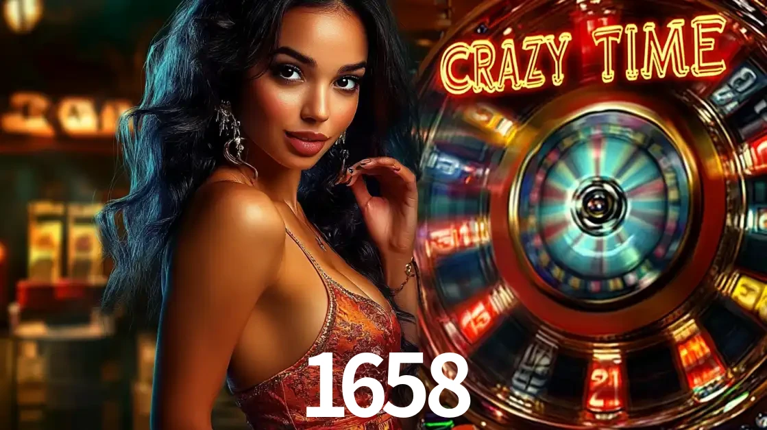 Mulher elegante ao lado da vibrante roda da fortuna do jogo de cassino ao vivo Crazy Time, um dos game shows mais populares e cheios de prêmios do 1658.