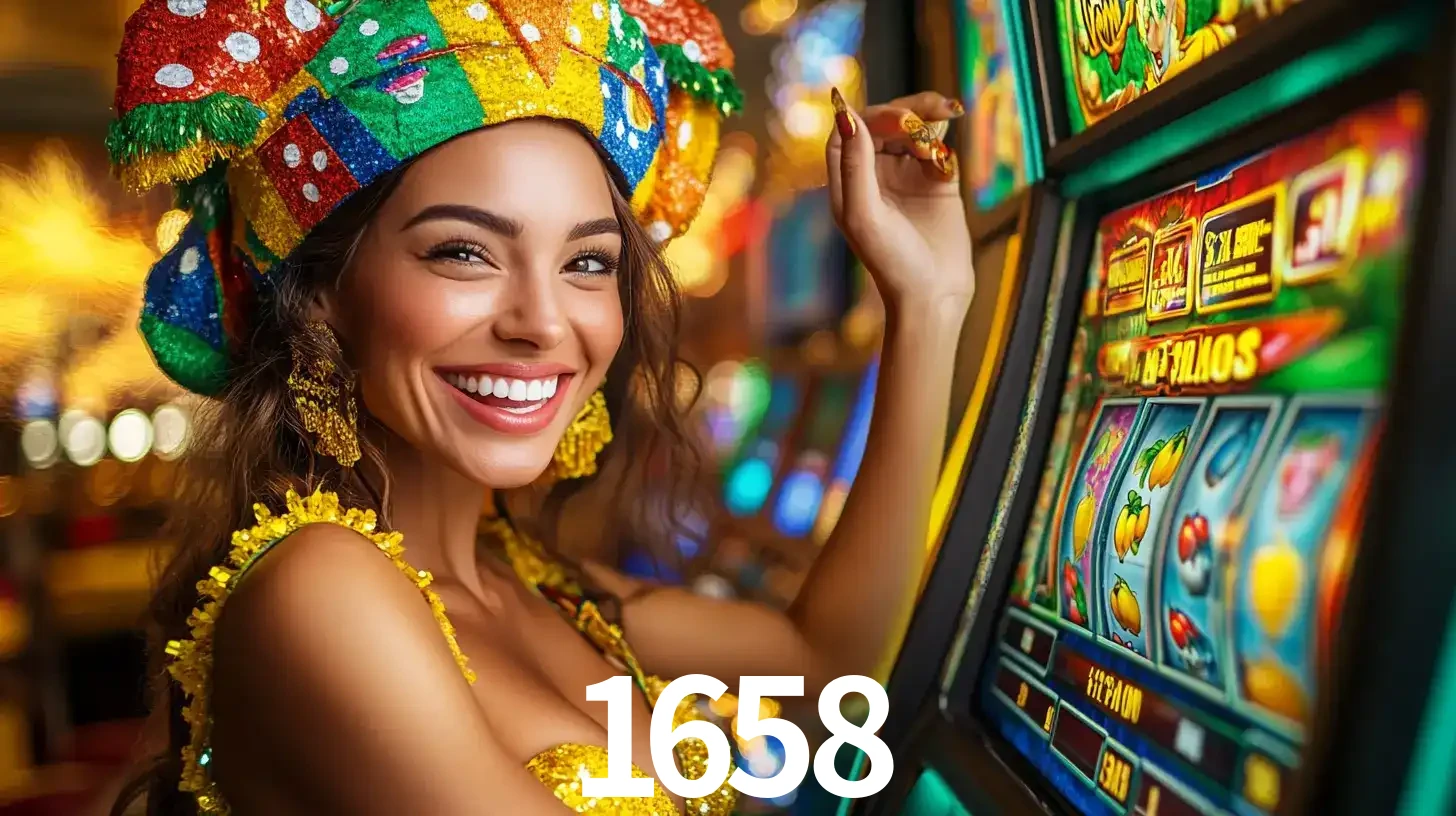 Mulher feliz com traje de carnaval amarelo e colorido ao lado de uma máquina de caça-níqueis, aproveitando a diversão e os jogos temáticos do cassino 1658.
