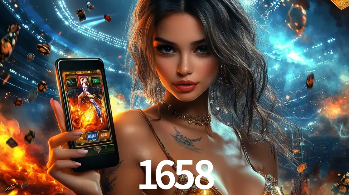 Mulher segurando um celular com um jogo de slot em destaque, tendo como fundo um estádio vibrante, simbolizando a emoção de jogar no cassino móvel 1658.